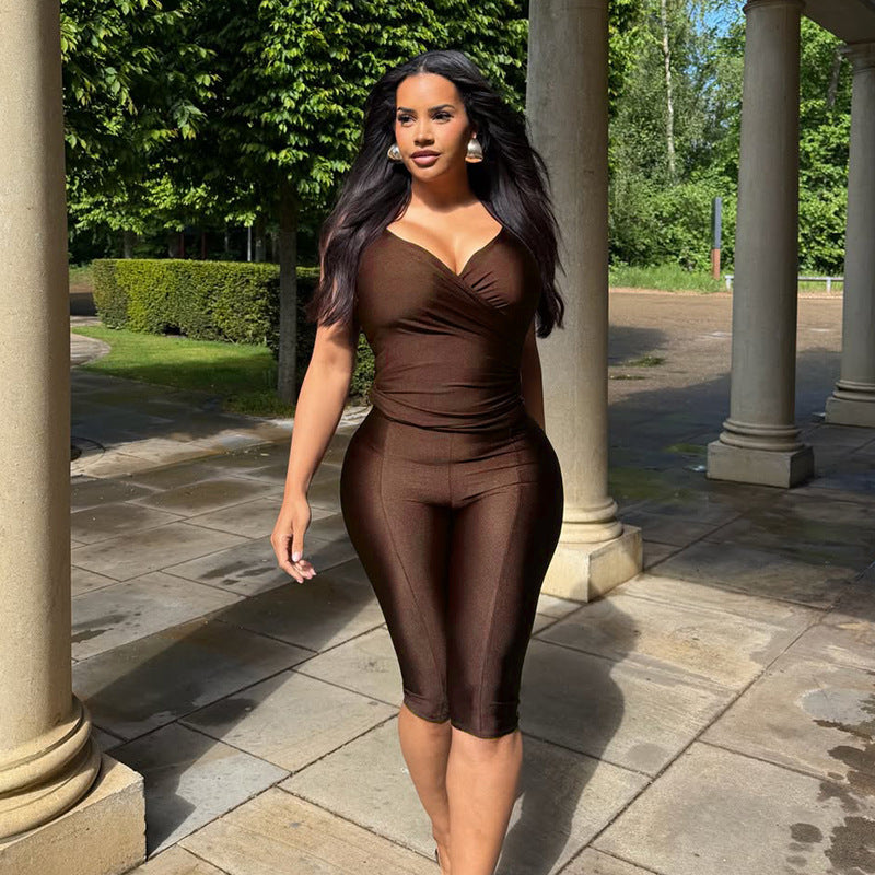 DZHT Y26ST219 pure color halter lace-up pleated top tight cropped pants two-piece suit