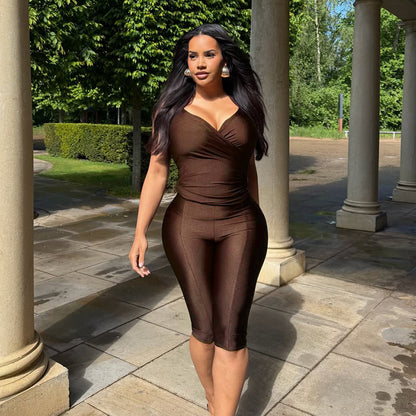 DZHT Y26ST219 pure color halter lace-up pleated top tight cropped pants two-piece suit