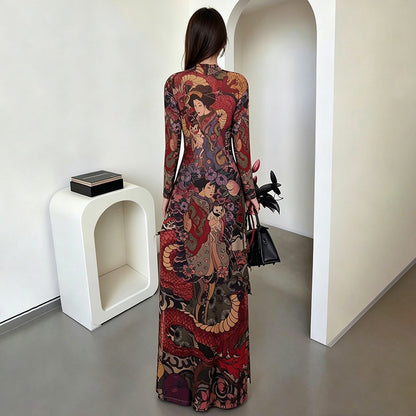 DLS round neck printed waist-controlled slim and tall looking split long top