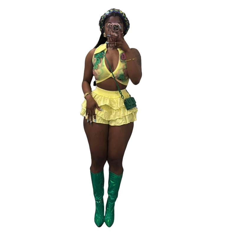 MZ (S-2XL) MZ88632 stretch ruffled shorts suit