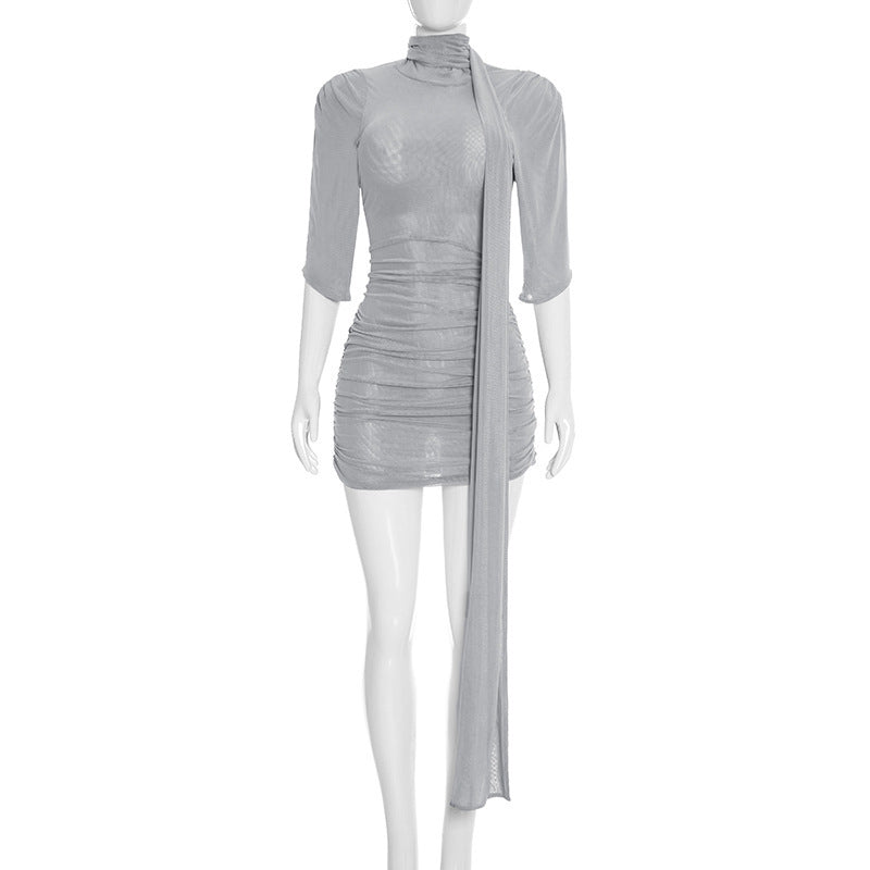 DZHT D26DS025 mesh turtleneck ribbon Raglan mid-sleeve skinny sheath dress