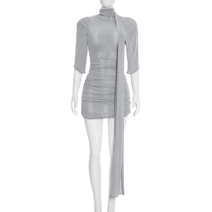 DZHT D26DS025 mesh turtleneck ribbon Raglan mid-sleeve skinny sheath dress