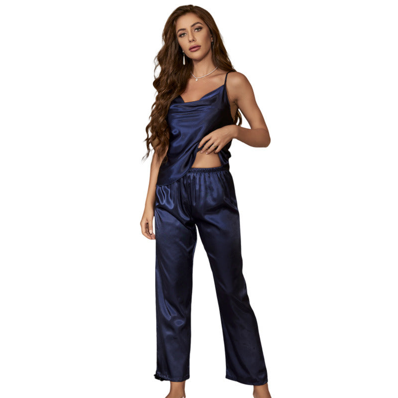 DNL Ice Silk women's pajama pants overall dress set