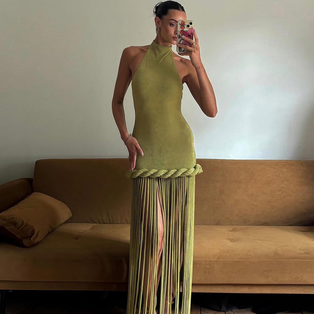 SXR 2026 spring tassel design halter sexy backless dress