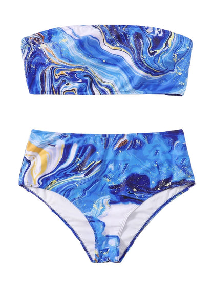 LF (L-4XL) women's split color printing swimsuit plus size
