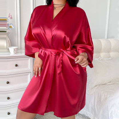 DNL plus size bathrobe lace-up nightgown mid-length Ice Silk
