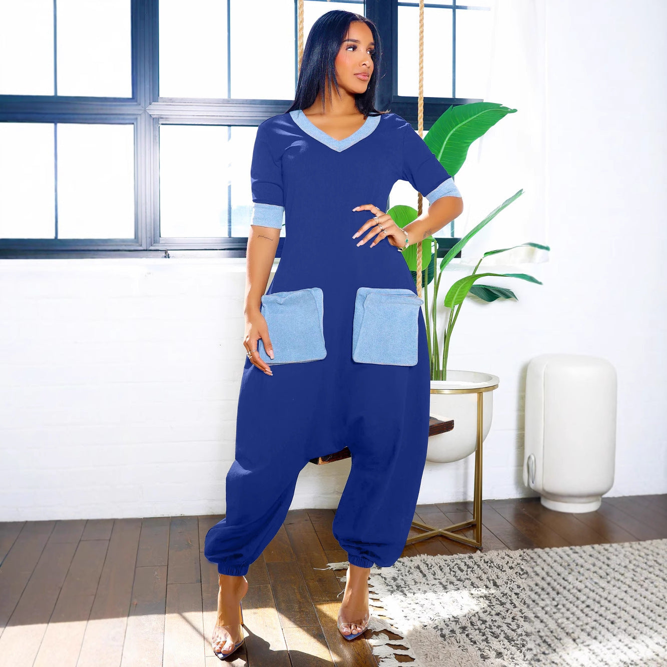 GY (S-3XL) K3600 V-Neck Denim stitching contrast color loose jumpsuit