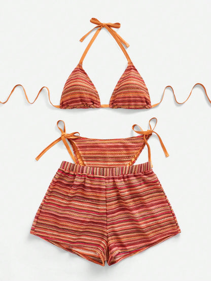 CL (L-4XL) sexy halter lace-up bikini plus size swimsuit split beach shorts three-piece suit