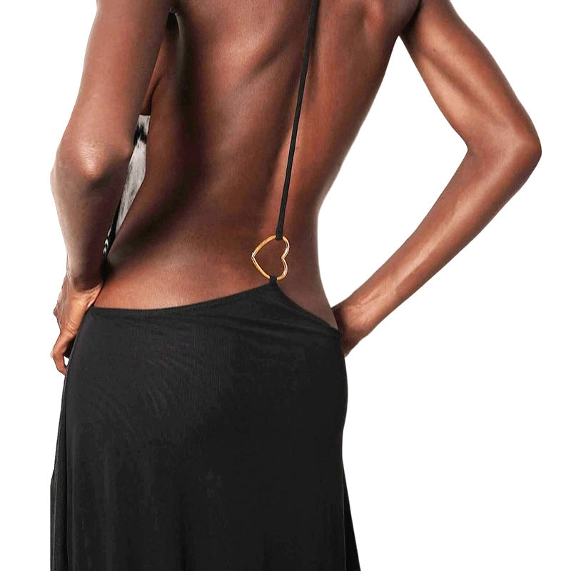SXR spring V-neck halter mesh backless sexy solid color dress