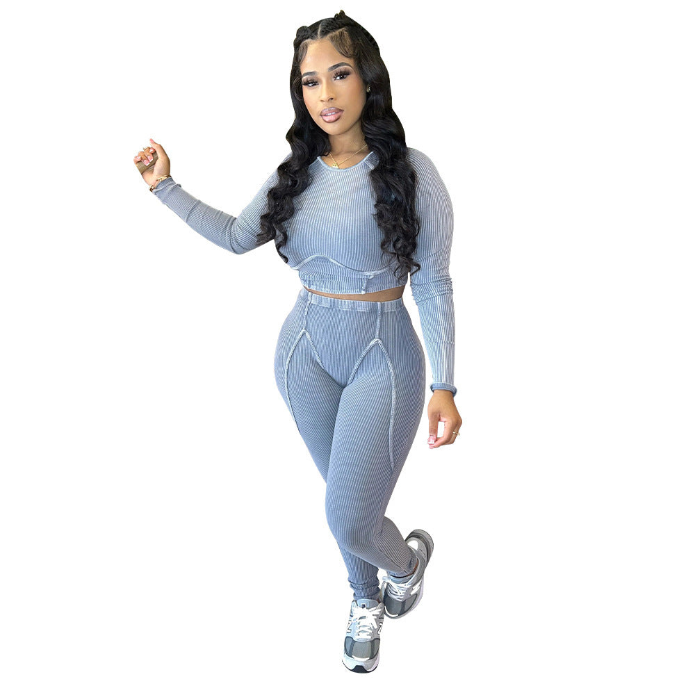 MYF (S-2XL) K10645 casual tight sunken stripe long sleeve sports