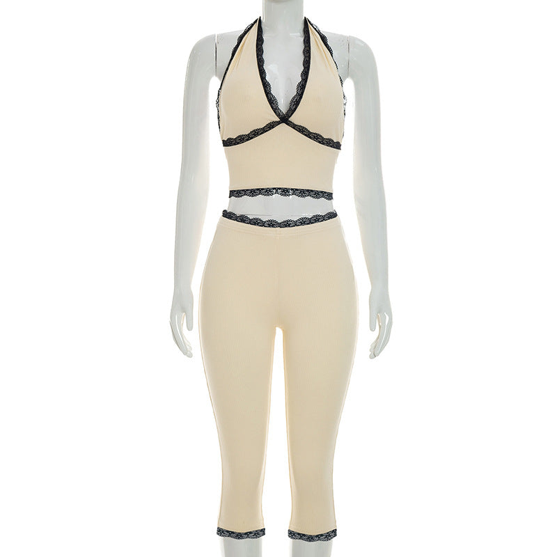 DZHT J26ST268 halter lace trim tight backless lace-up solid color rib cropped pants suit