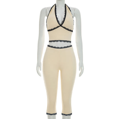 DZHT J26ST268 halter lace trim tight backless lace-up solid color rib cropped pants suit