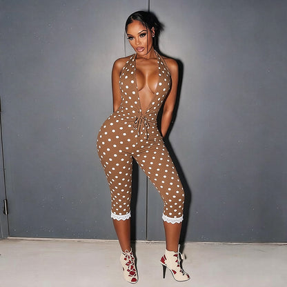 DZHT Q26JP118 polka dot halter backless rope waist lace jumpsuit