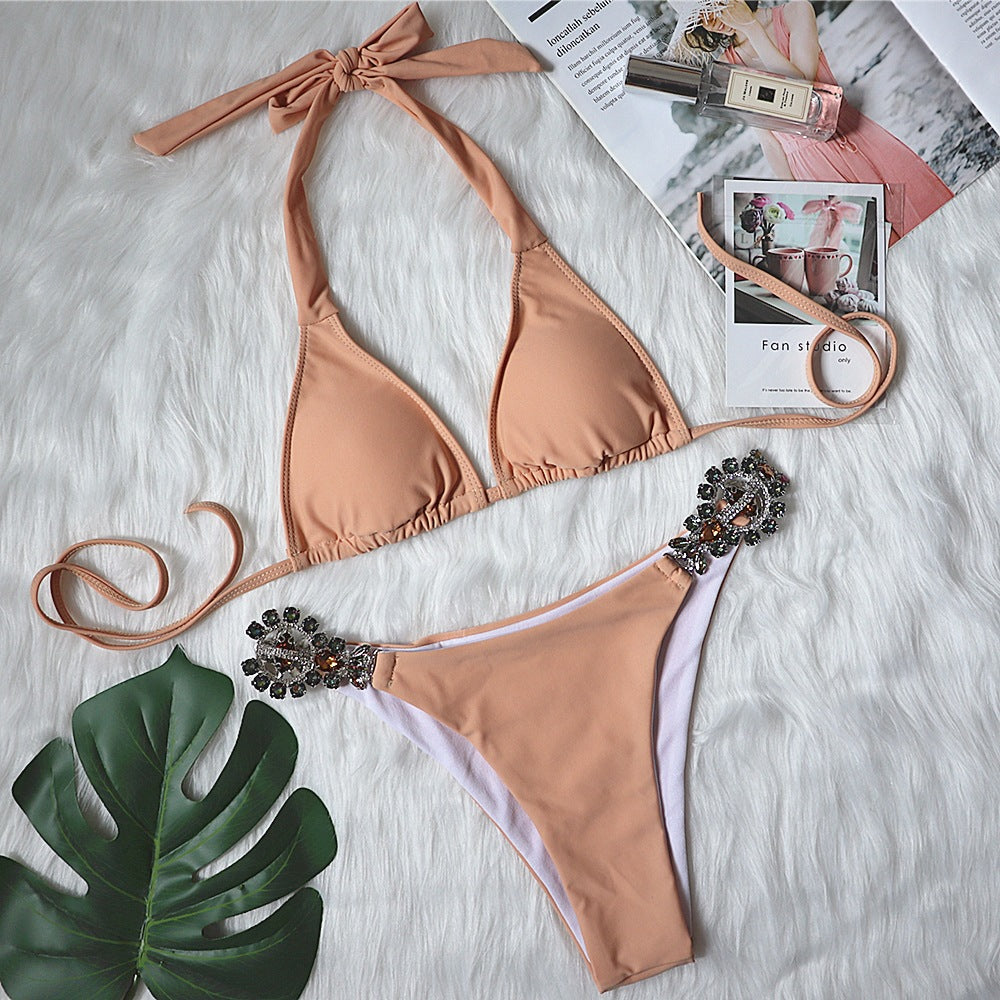 Sexy bikini plain women's split strap luxury crystal diamond metal accessories