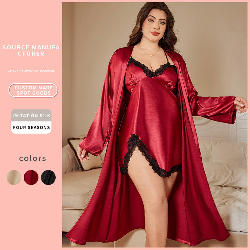 DNL spring ice silk silk pajamas plus size artificial silk camisole outerwear gown