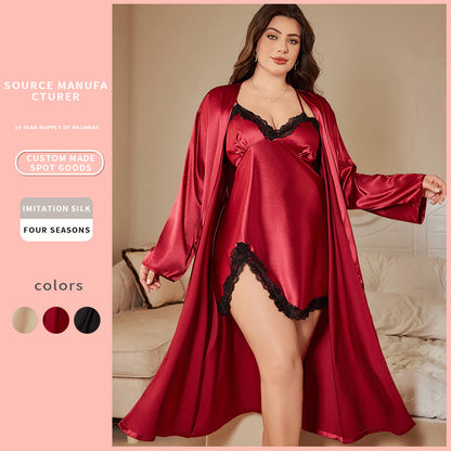 DNL spring ice silk silk pajamas plus size artificial silk camisole outerwear gown