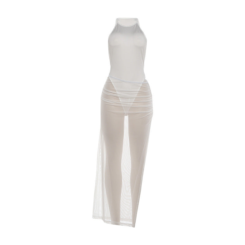 DLS round neck sleeveless leotard see-through sheath split skirt suit