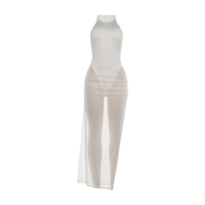 DLS round neck sleeveless leotard see-through sheath split skirt suit