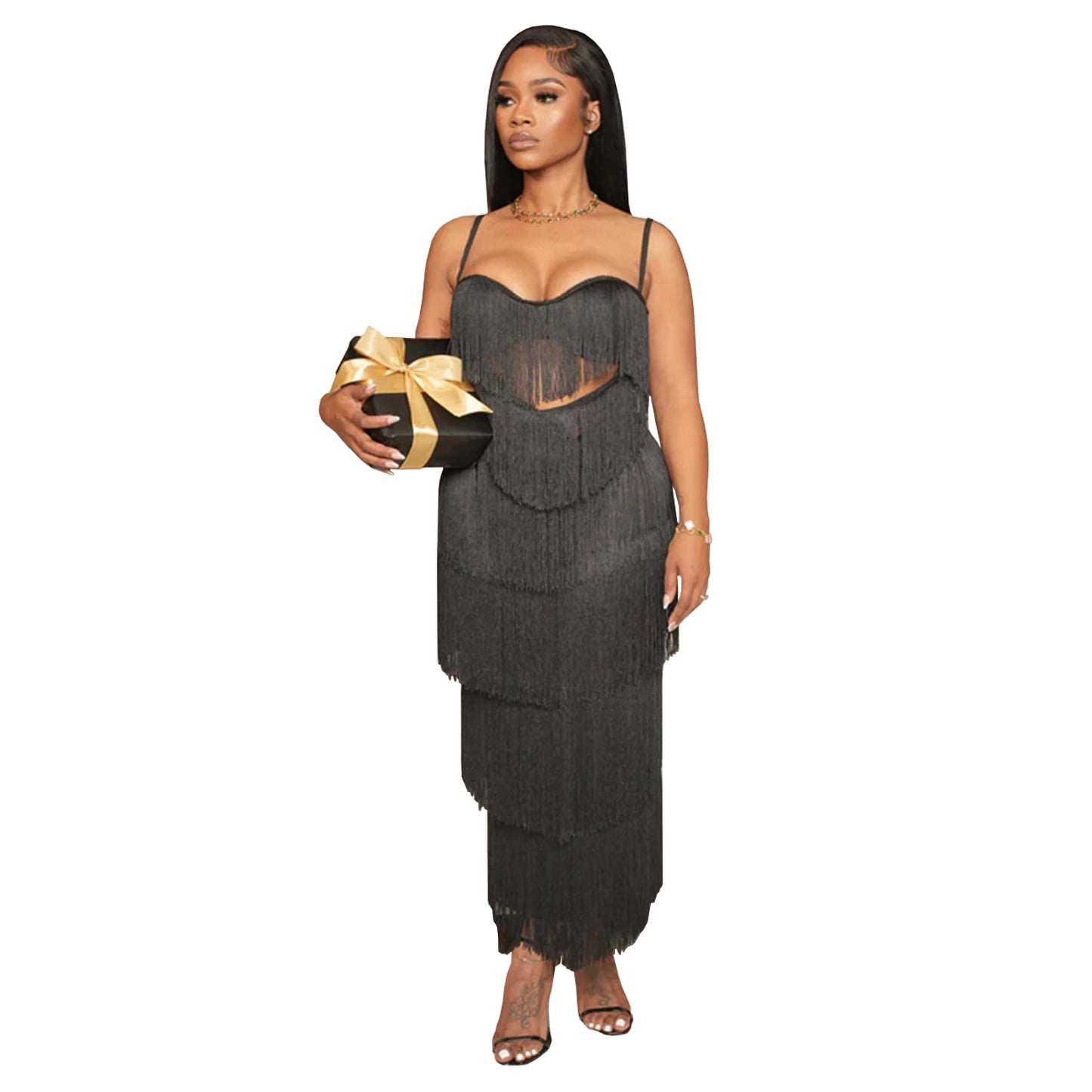 XYZ C7431 strap backless tassel long dress