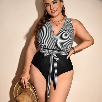 LF (L-4XL) bikini sexy suit one-piece black striped plus size swimsuit