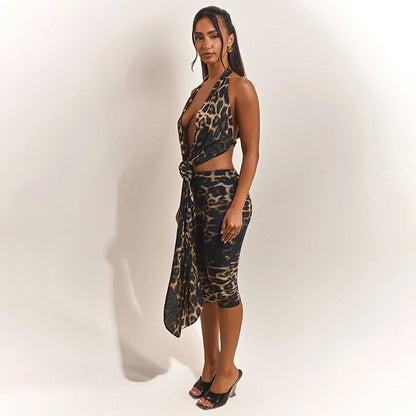 DZHT C26ST054 deep V Fashion tie halter leopard print printing suit