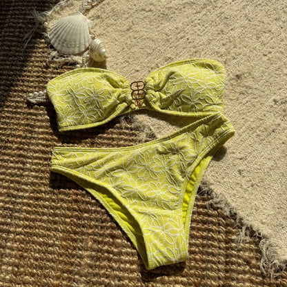 (4 days ready to ship) SY embroidered special fabric tube top split swimsuit bikini