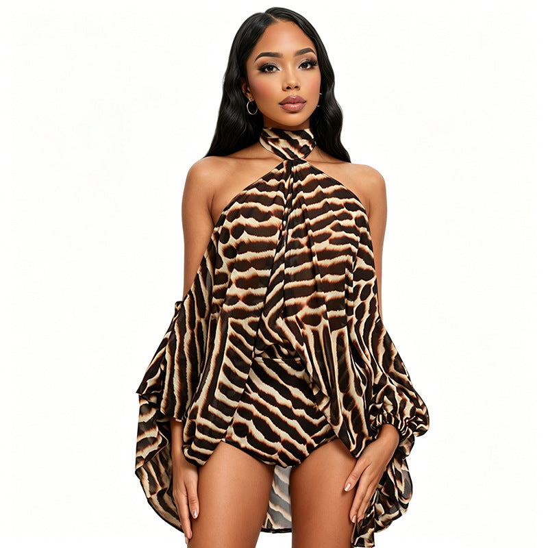 DZHT C26ST187 American Halter Off-the-shoulder printing suit