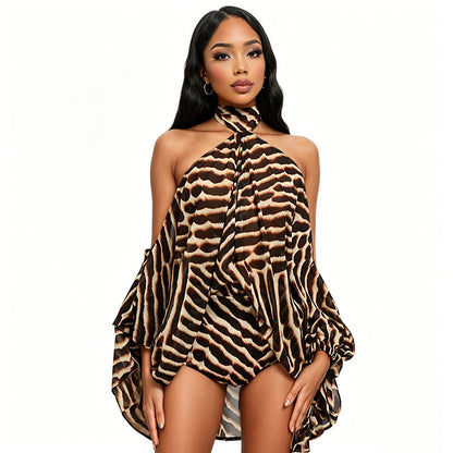 DZHT C26ST187 American Halter Off-the-shoulder printing suit