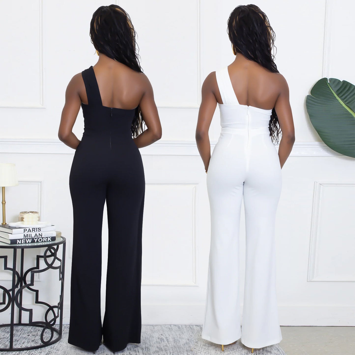 XYZ C7505 summer elegance decorative buckle oblique shoulder jumpsuit