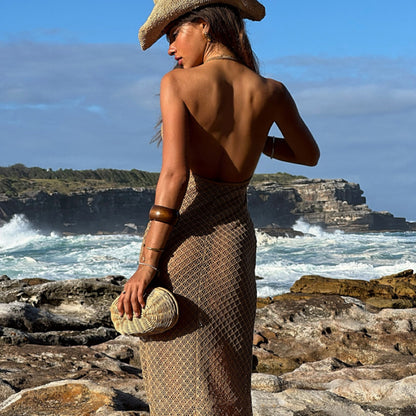 CYB beach skirt deep V halter sheath backless knitted dress