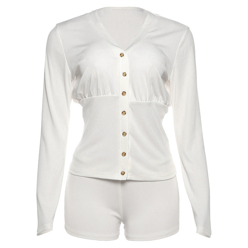 SXR autumn V-neck long sleeve top high waist hip lift shorts casual suit