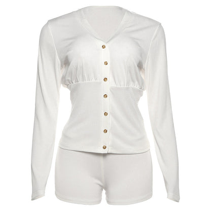 SXR autumn V-neck long sleeve top high waist hip lift shorts casual suit