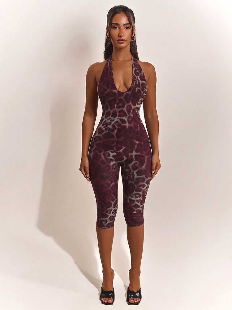 DZHT J26JP064 tight backless leopard print jumpsuit