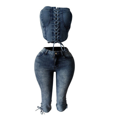 MZ (S-2XL) tube top lace-up cropped pants MZ88639 stretch lace-up denim suit