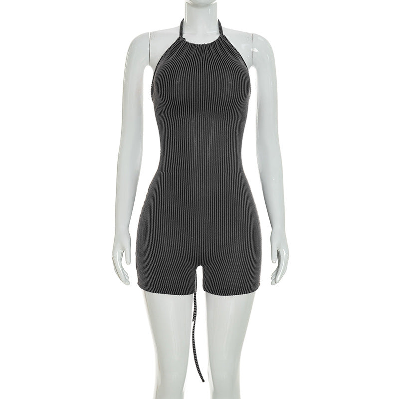 DZHT D26RP181 sunken stripe halter backless lace-up one-piece shorts