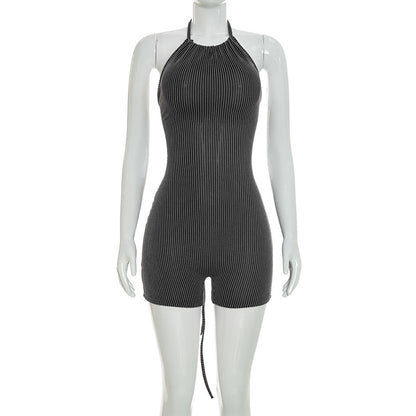 DZHT D26RP181 sunken stripe halter backless lace-up one-piece shorts