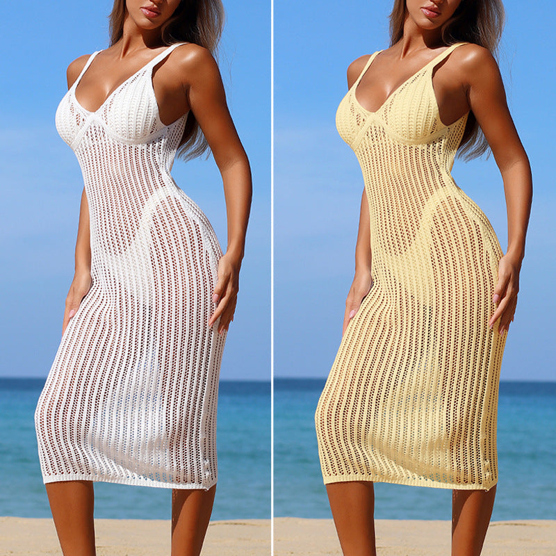 CYB V-neck knitted dress texture sheath and fitted waist bare back suspender skirt