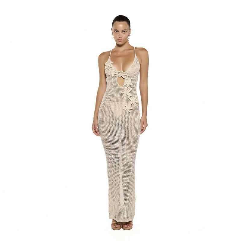 CYB V-neck beach dress halter lace-up floating flower backless sheath knitted dress
