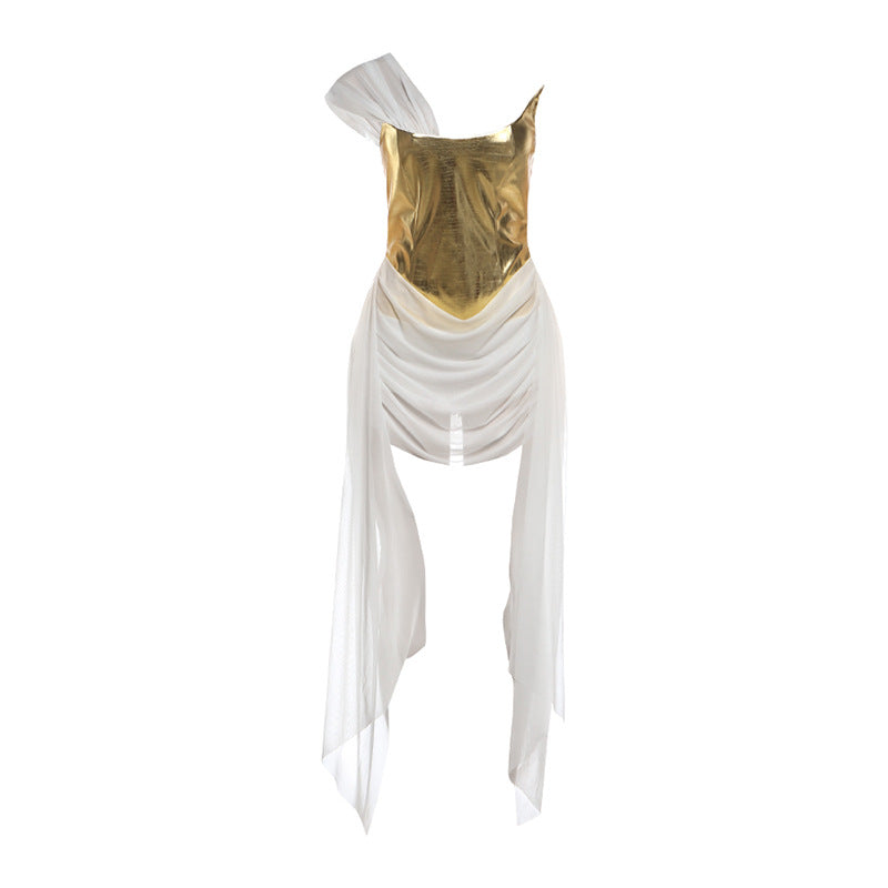 DLS Spring Golden bright surface mesh stitching ribbon sexy dress