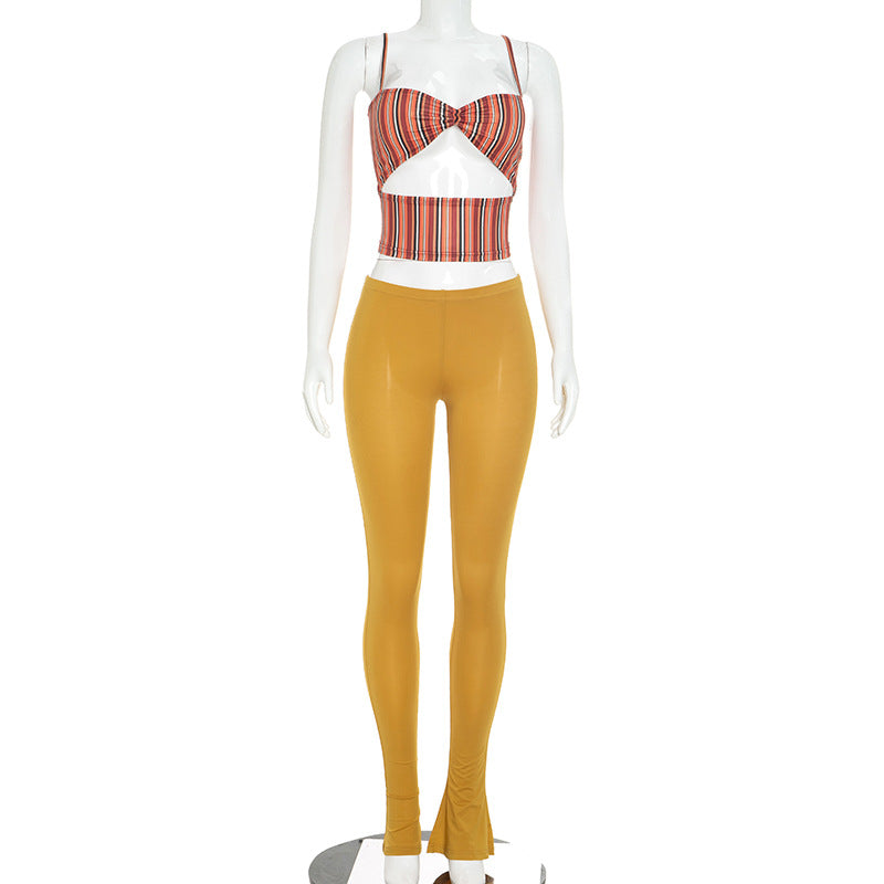 DZHT Q26ST132 striped printed cutout sling top pure color tight trousers two-piece suit