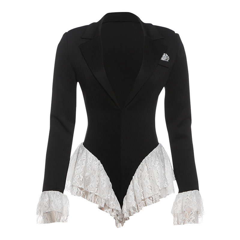 SXR fall winter fashion deep V-neck flared long sleeve lace side jumpsuit