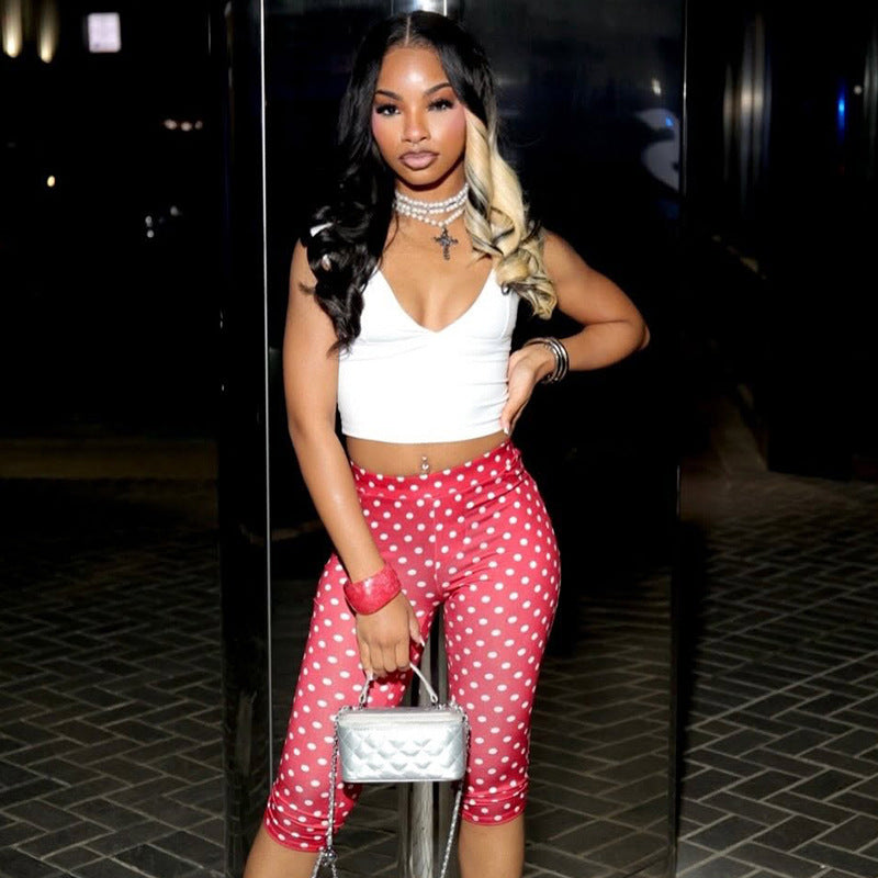 DZHT J26PT151 fashionable all-match polka dot printed mid-waist tight casual cropped pants