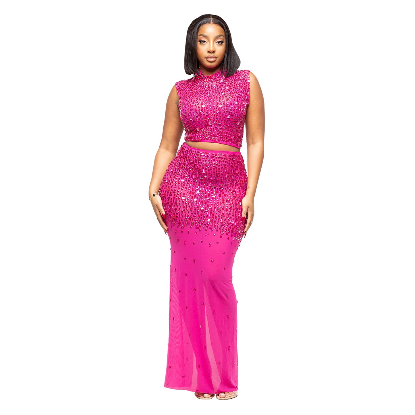 XYZ C7580 sheer mesh rhinestone dress two-piece set