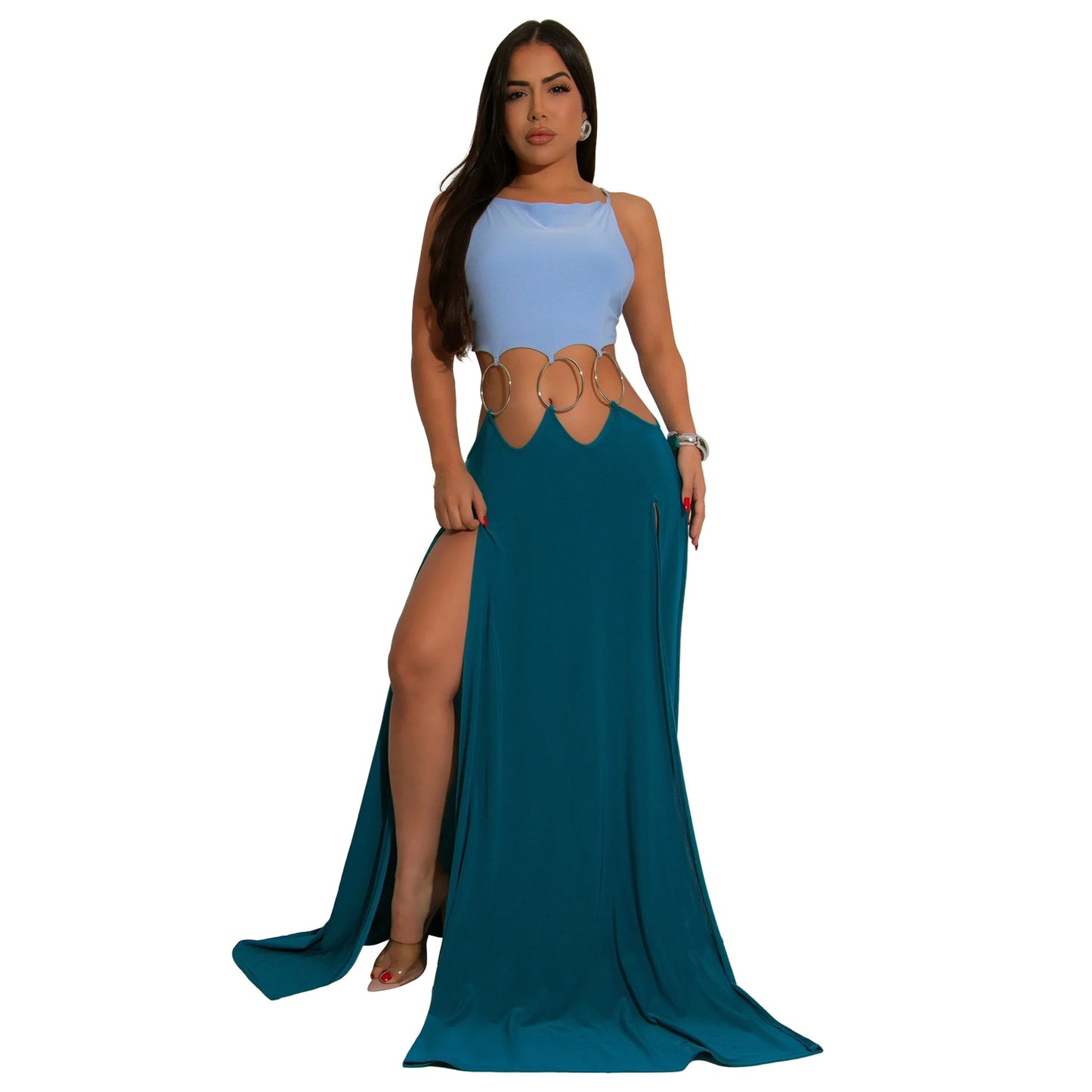 MYF (S-2XL) 20194 European back high slit contrasting-color dress