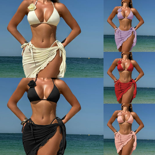 (4 days ready to ship) SY rose three-piece mesh skirt bikini