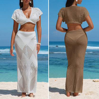 CYB knitted V-neck top Beach skirt blouse set