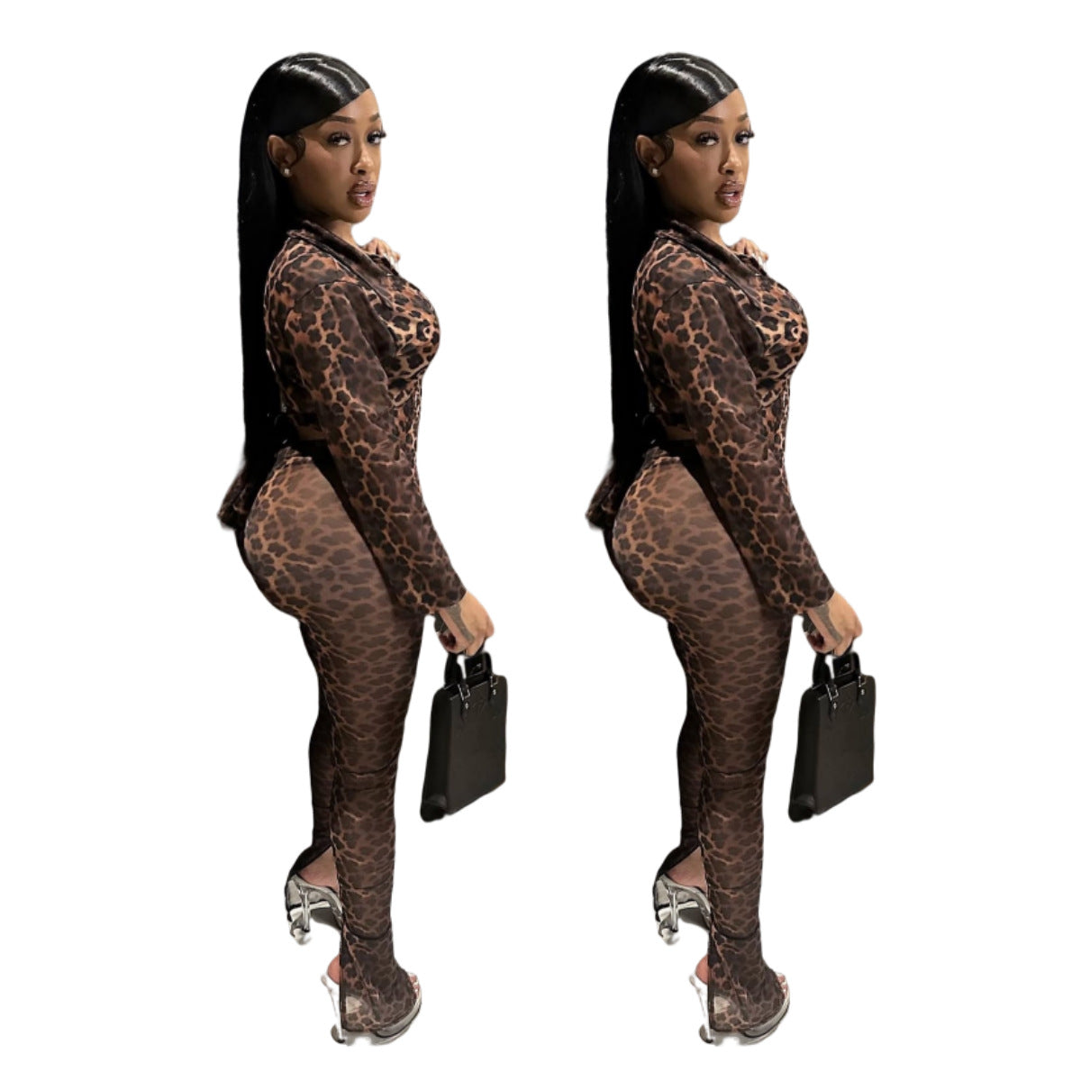 MZ (S-2XL) leopard suit MZ88667 mesh floral print high elastic lace-up slit set