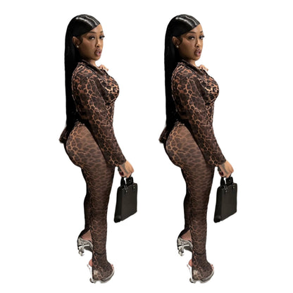 MZ (S-2XL) leopard suit MZ88667 mesh floral print high elastic lace-up slit set