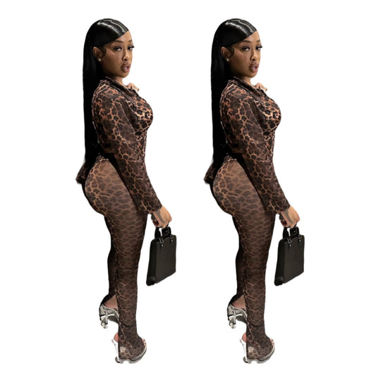 MZ (S-2XL) leopard suit MZ88667 mesh floral print high elastic lace-up slit set