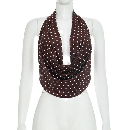 DZHT D26TP190 polka dot print halter swing collar backless rope top